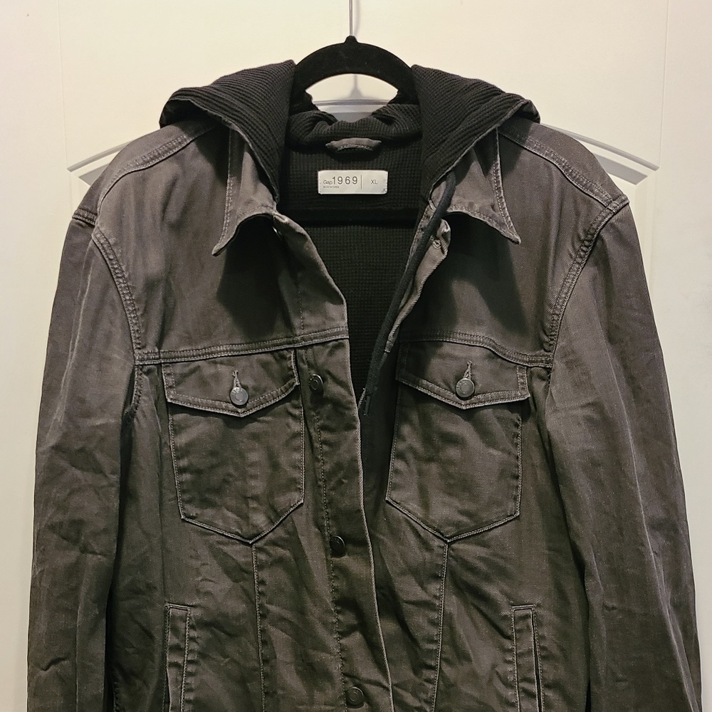 Gap 1969 Gray and Black Hooded Denim Jacket - Size XL
